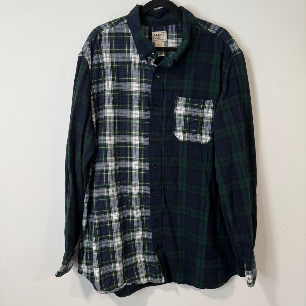 L.L. Bean Men’s Scotch Plaid Flannel Shirt‎ Button Front XXL Tall Patchwork Navy